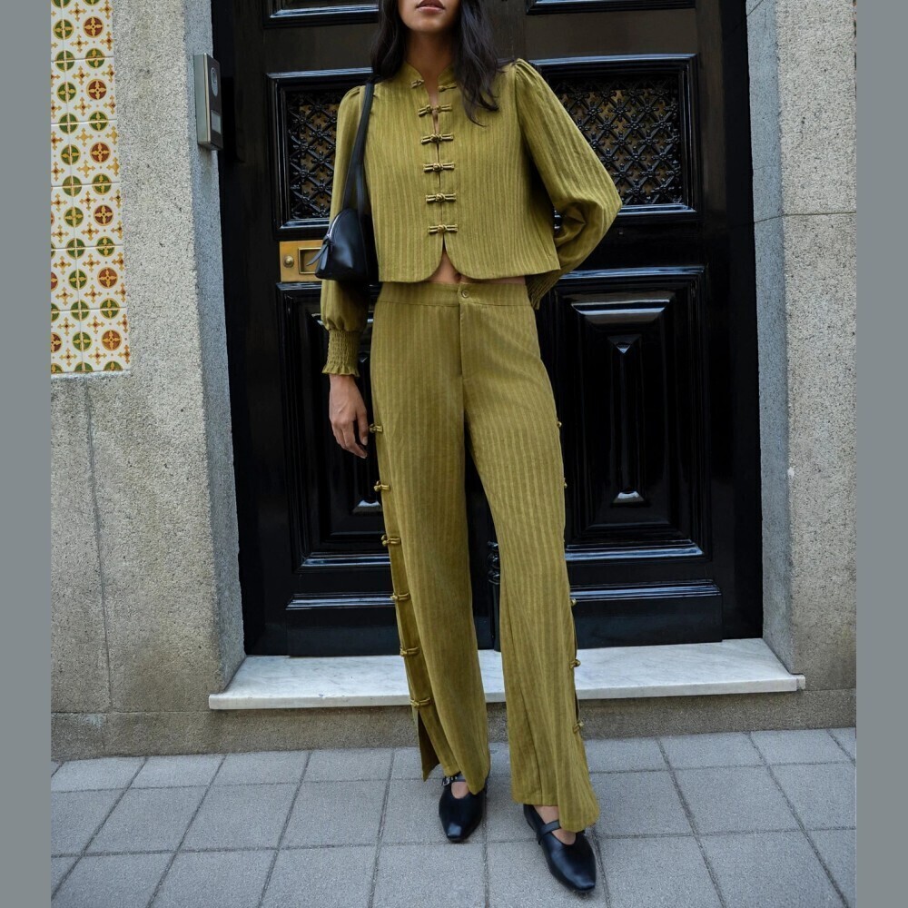 Olive Green Striped Frog Closure Crop Jacket and Wide Leg Pants Pantsuit Set